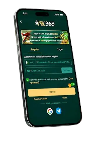 PK365 APK register and login page on mobile phone
