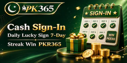 PK365 Cash Sign-In promotion featuring a seven-day reward calendar, gift box and gold coins.
