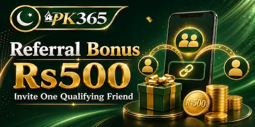 PKR365 Rs500 referral bonus promotion featuring an invite link, gift box and gold coins